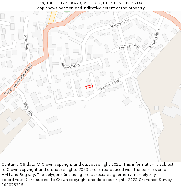 38, TREGELLAS ROAD, MULLION, HELSTON, TR12 7DX: Location map and indicative extent of plot