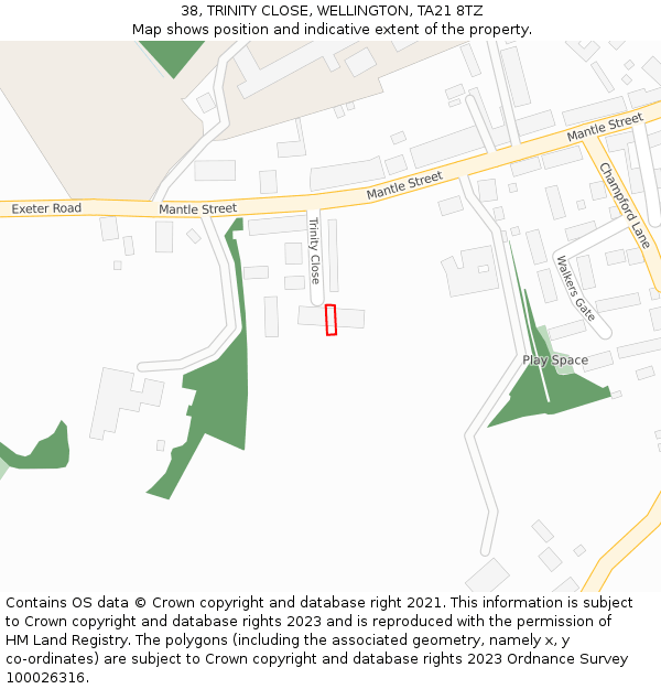 38, TRINITY CLOSE, WELLINGTON, TA21 8TZ: Location map and indicative extent of plot