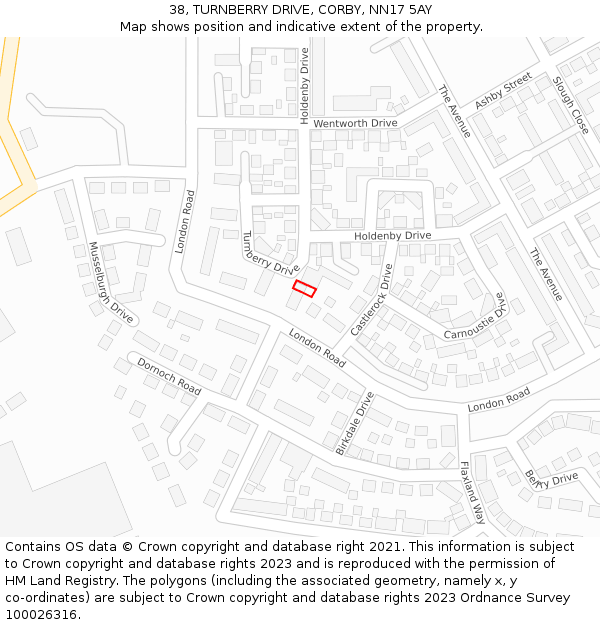 38, TURNBERRY DRIVE, CORBY, NN17 5AY: Location map and indicative extent of plot