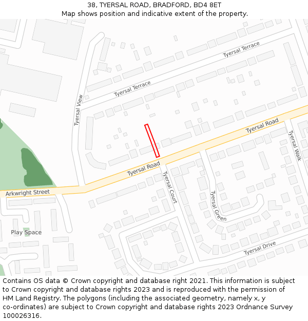 38, TYERSAL ROAD, BRADFORD, BD4 8ET: Location map and indicative extent of plot