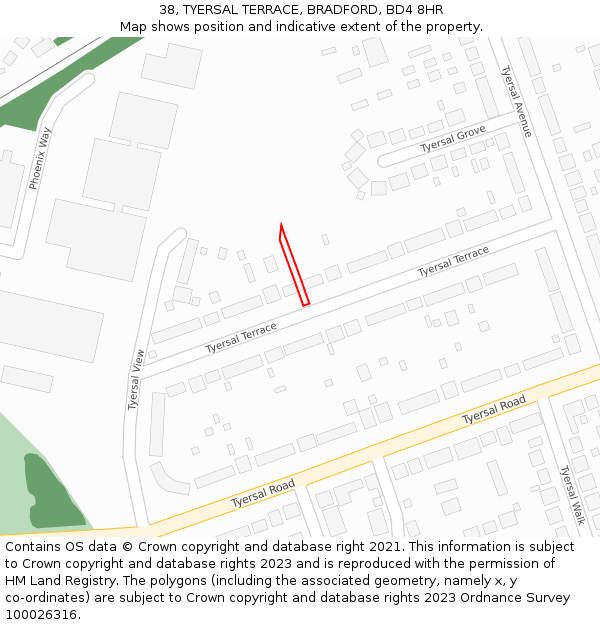 38, TYERSAL TERRACE, BRADFORD, BD4 8HR: Location map and indicative extent of plot