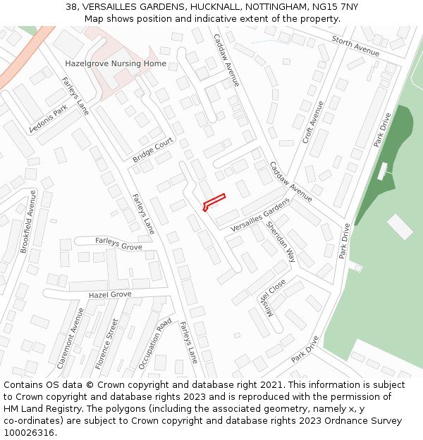 38, VERSAILLES GARDENS, HUCKNALL, NOTTINGHAM, NG15 7NY: Location map and indicative extent of plot