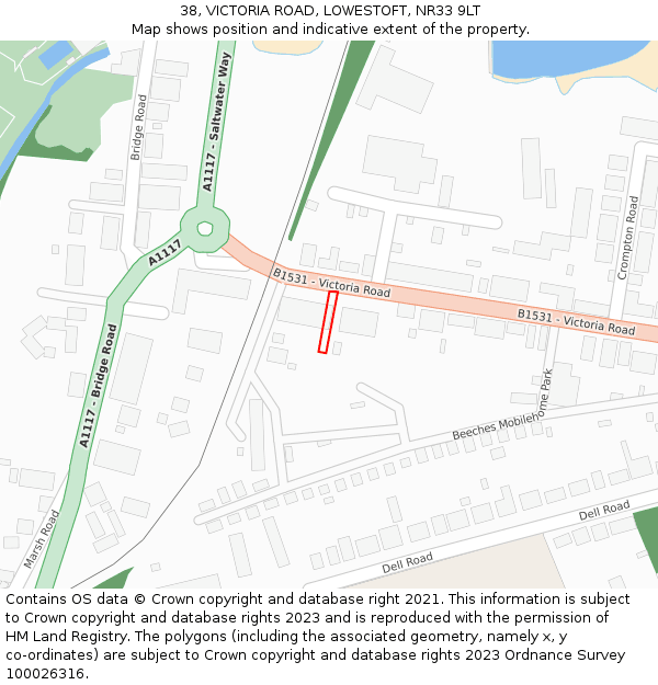 38, VICTORIA ROAD, LOWESTOFT, NR33 9LT: Location map and indicative extent of plot