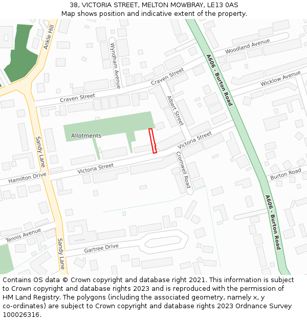 38, VICTORIA STREET, MELTON MOWBRAY, LE13 0AS: Location map and indicative extent of plot