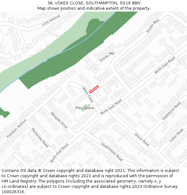 38, VOKES CLOSE, SOUTHAMPTON, SO19 8BN: Location map and indicative extent of plot