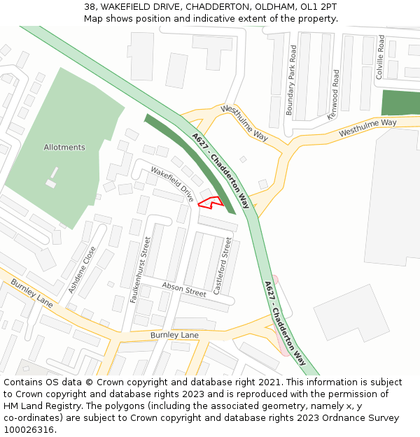 38, WAKEFIELD DRIVE, CHADDERTON, OLDHAM, OL1 2PT: Location map and indicative extent of plot