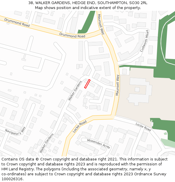 38, WALKER GARDENS, HEDGE END, SOUTHAMPTON, SO30 2RL: Location map and indicative extent of plot