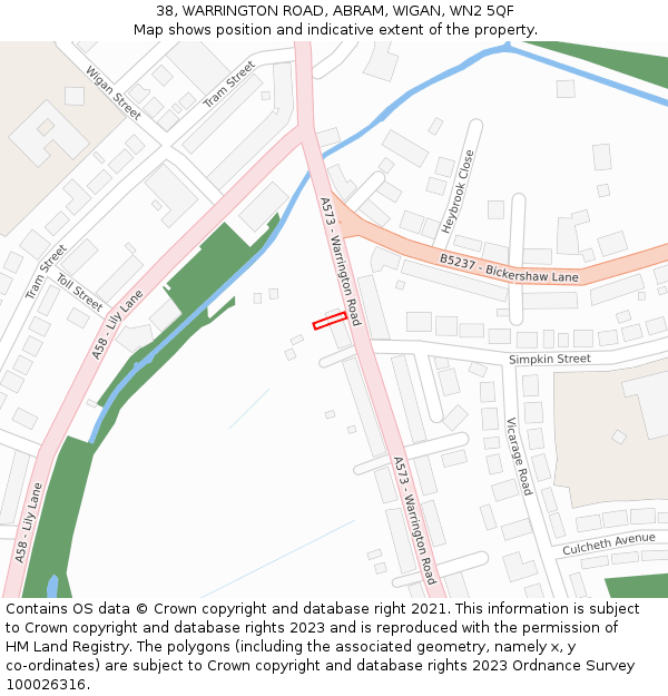 38, WARRINGTON ROAD, ABRAM, WIGAN, WN2 5QF: Location map and indicative extent of plot