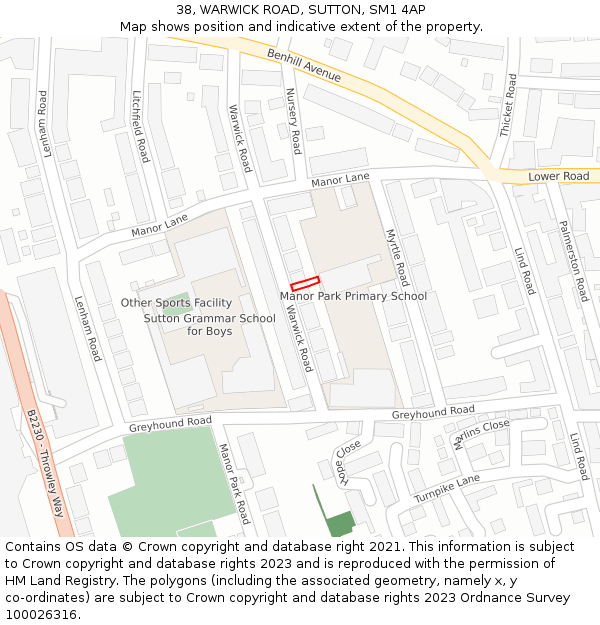 38, WARWICK ROAD, SUTTON, SM1 4AP: Location map and indicative extent of plot