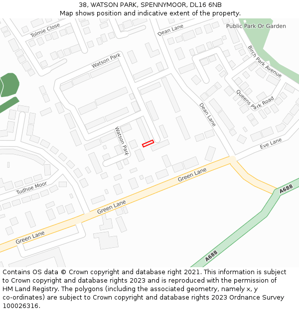 38, WATSON PARK, SPENNYMOOR, DL16 6NB: Location map and indicative extent of plot