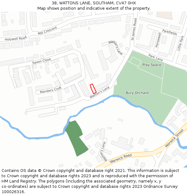 38, WATTONS LANE, SOUTHAM, CV47 0HX: Location map and indicative extent of plot
