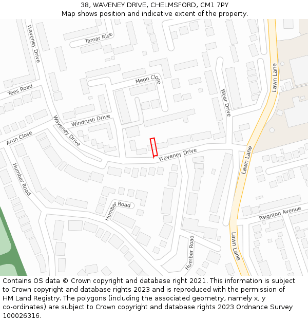 38, WAVENEY DRIVE, CHELMSFORD, CM1 7PY: Location map and indicative extent of plot
