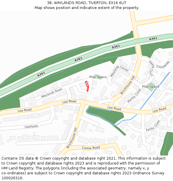 38, WAYLANDS ROAD, TIVERTON, EX16 6UT: Location map and indicative extent of plot