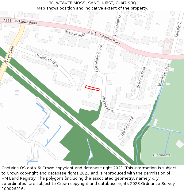 38, WEAVER MOSS, SANDHURST, GU47 9BQ: Location map and indicative extent of plot