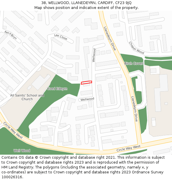 38, WELLWOOD, LLANEDEYRN, CARDIFF, CF23 9JQ: Location map and indicative extent of plot