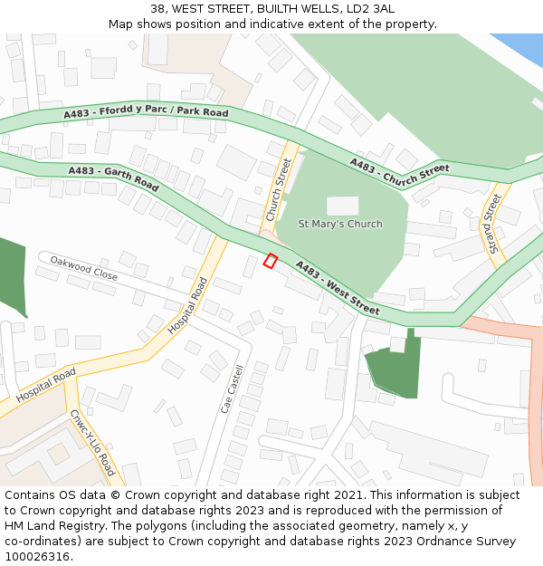38, WEST STREET, BUILTH WELLS, LD2 3AL: Location map and indicative extent of plot