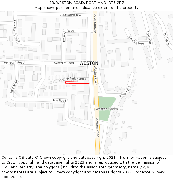 38, WESTON ROAD, PORTLAND, DT5 2BZ: Location map and indicative extent of plot