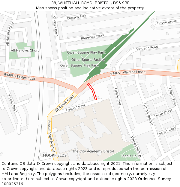 38, WHITEHALL ROAD, BRISTOL, BS5 9BE: Location map and indicative extent of plot