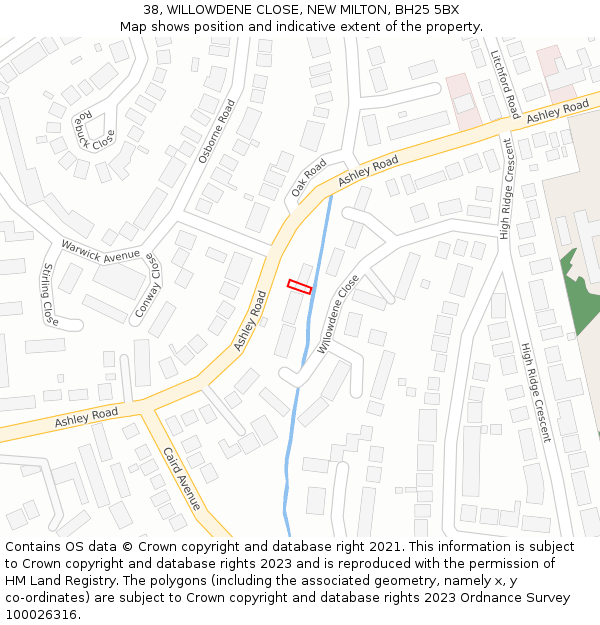 38, WILLOWDENE CLOSE, NEW MILTON, BH25 5BX: Location map and indicative extent of plot