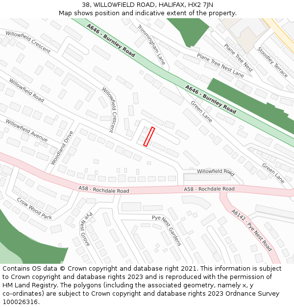 38, WILLOWFIELD ROAD, HALIFAX, HX2 7JN: Location map and indicative extent of plot