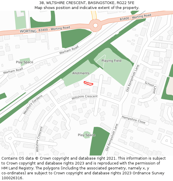 38, WILTSHIRE CRESCENT, BASINGSTOKE, RG22 5FE: Location map and indicative extent of plot