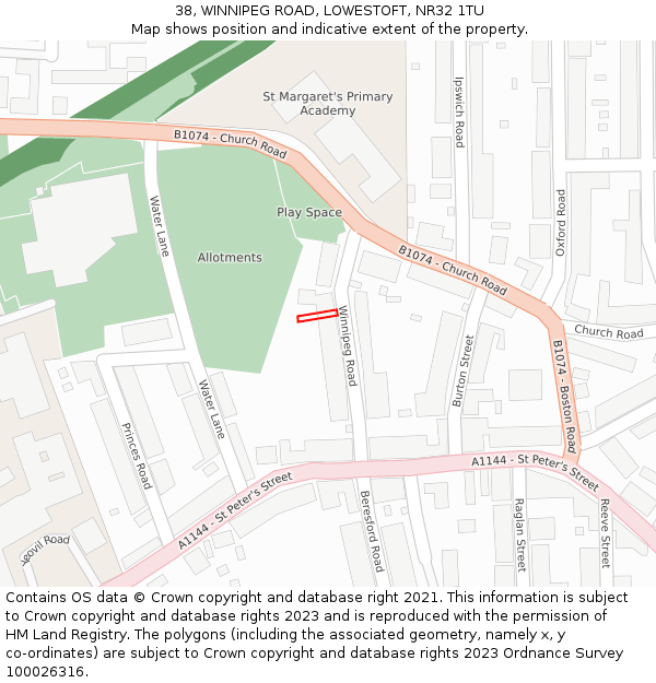 38, WINNIPEG ROAD, LOWESTOFT, NR32 1TU: Location map and indicative extent of plot