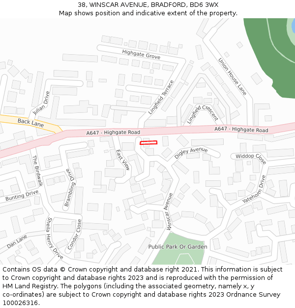 38, WINSCAR AVENUE, BRADFORD, BD6 3WX: Location map and indicative extent of plot