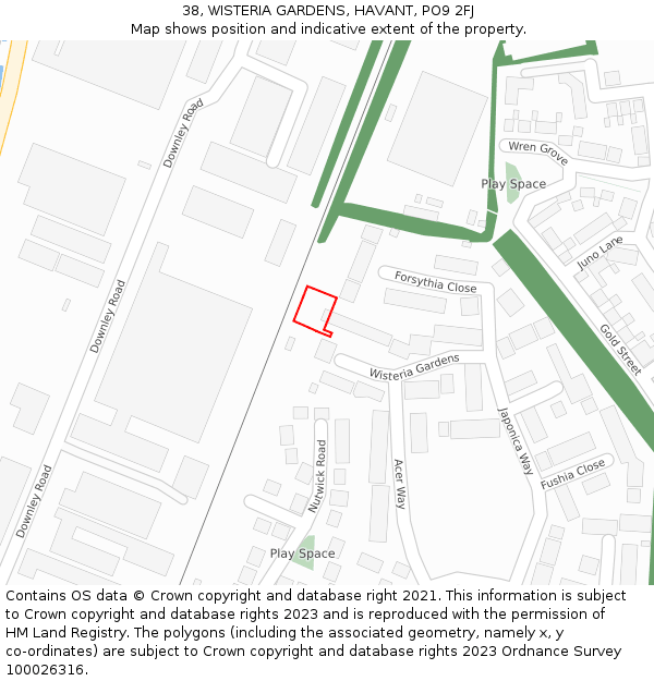 38, WISTERIA GARDENS, HAVANT, PO9 2FJ: Location map and indicative extent of plot