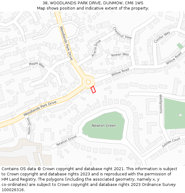 38, WOODLANDS PARK DRIVE, DUNMOW, CM6 1WS: Location map and indicative extent of plot