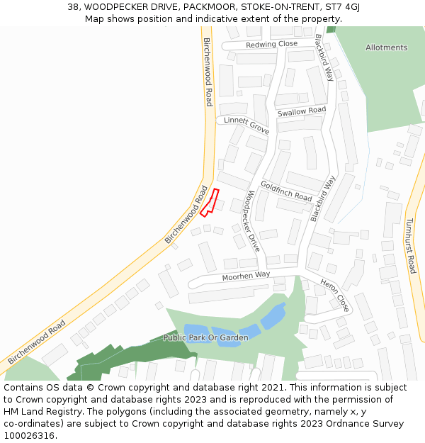 38, WOODPECKER DRIVE, PACKMOOR, STOKE-ON-TRENT, ST7 4GJ: Location map and indicative extent of plot