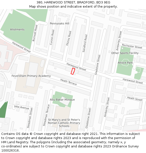 380, HAREWOOD STREET, BRADFORD, BD3 9EG: Location map and indicative extent of plot
