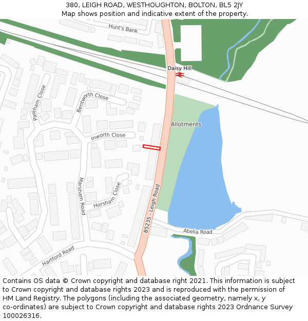 380, LEIGH ROAD, WESTHOUGHTON, BOLTON, BL5 2JY: Location map and indicative extent of plot