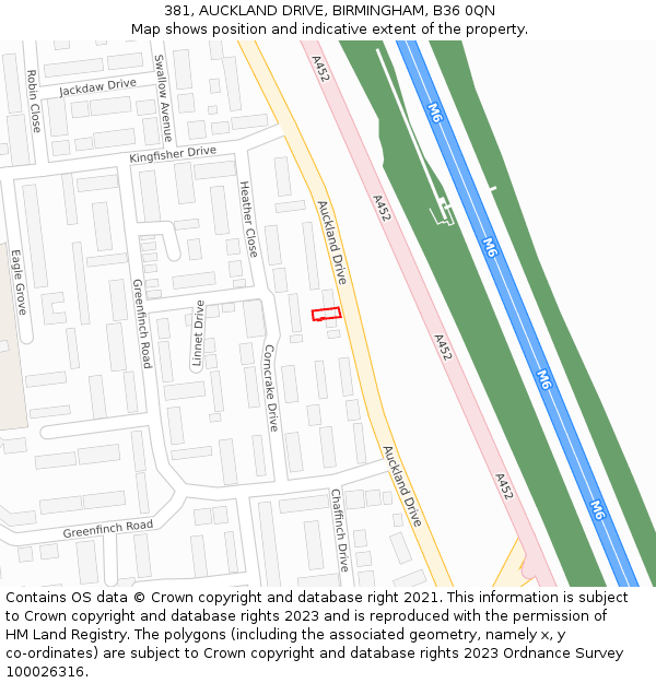 381, AUCKLAND DRIVE, BIRMINGHAM, B36 0QN: Location map and indicative extent of plot