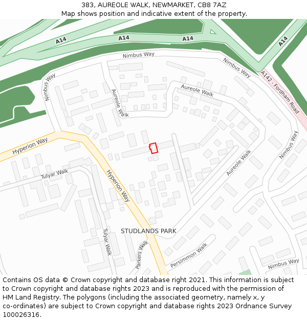 383, AUREOLE WALK, NEWMARKET, CB8 7AZ: Location map and indicative extent of plot