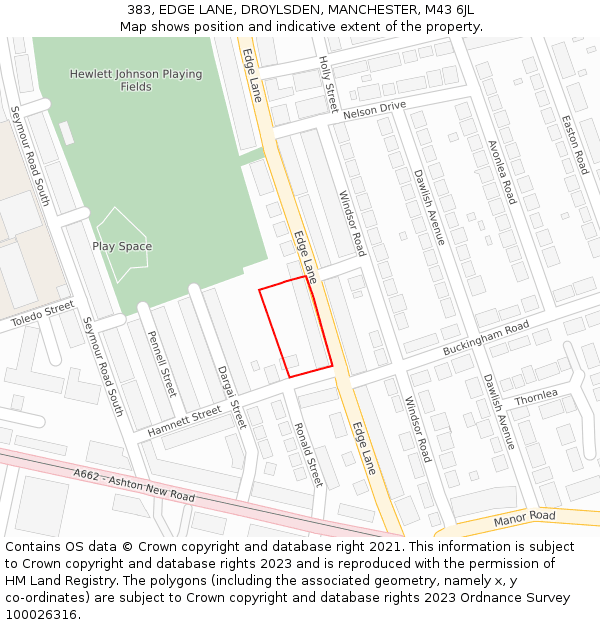 383, EDGE LANE, DROYLSDEN, MANCHESTER, M43 6JL: Location map and indicative extent of plot