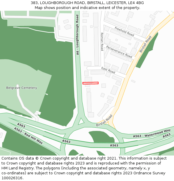 383, LOUGHBOROUGH ROAD, BIRSTALL, LEICESTER, LE4 4BG: Location map and indicative extent of plot