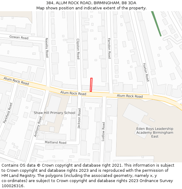 384, ALUM ROCK ROAD, BIRMINGHAM, B8 3DA: Location map and indicative extent of plot