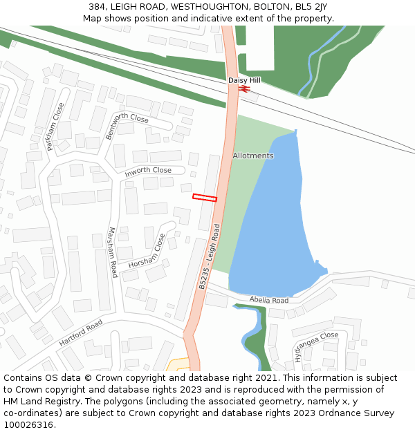 384, LEIGH ROAD, WESTHOUGHTON, BOLTON, BL5 2JY: Location map and indicative extent of plot