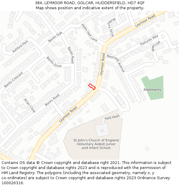 384, LEYMOOR ROAD, GOLCAR, HUDDERSFIELD, HD7 4QF: Location map and indicative extent of plot