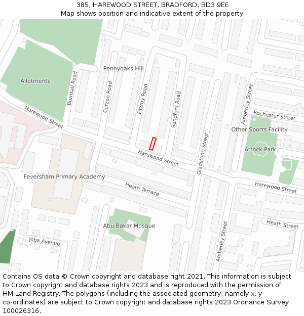 385, HAREWOOD STREET, BRADFORD, BD3 9EE: Location map and indicative extent of plot