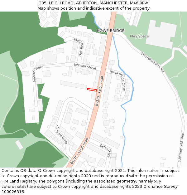 385, LEIGH ROAD, ATHERTON, MANCHESTER, M46 0PW: Location map and indicative extent of plot