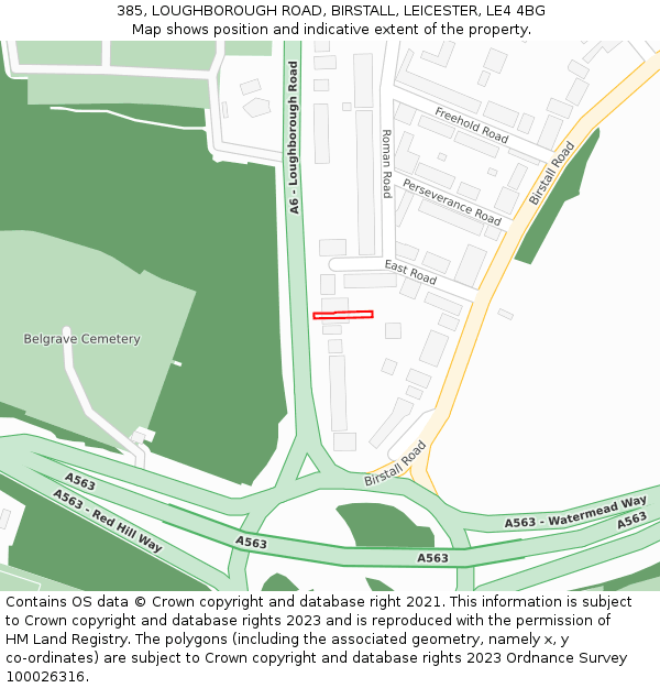 385, LOUGHBOROUGH ROAD, BIRSTALL, LEICESTER, LE4 4BG: Location map and indicative extent of plot