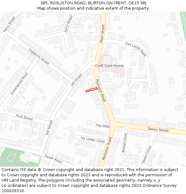 385, ROSLISTON ROAD, BURTON-ON-TRENT, DE15 9RJ: Location map and indicative extent of plot