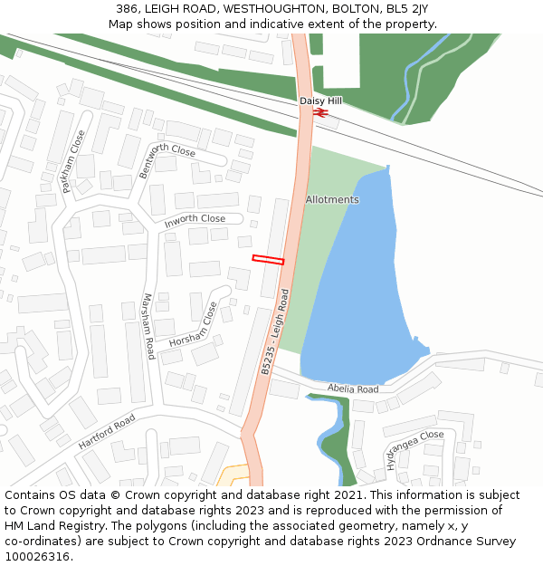 386, LEIGH ROAD, WESTHOUGHTON, BOLTON, BL5 2JY: Location map and indicative extent of plot