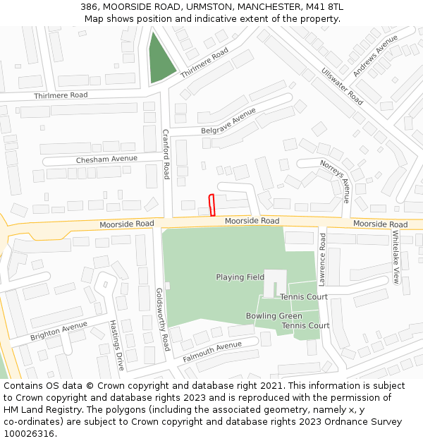 386, MOORSIDE ROAD, URMSTON, MANCHESTER, M41 8TL: Location map and indicative extent of plot