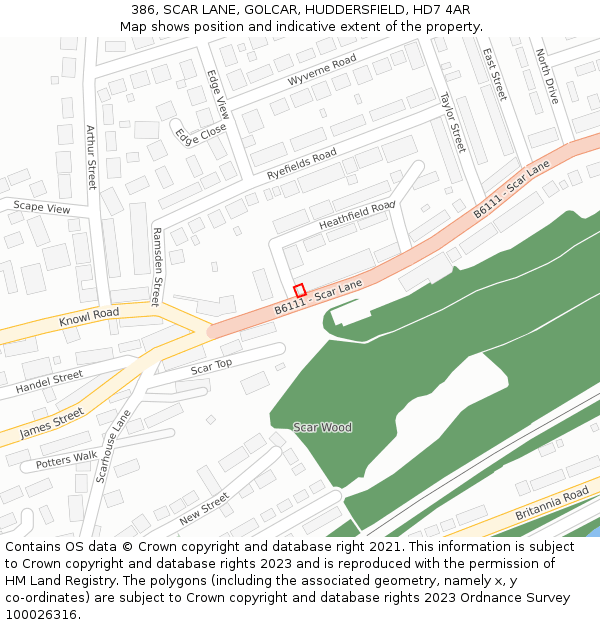 386, SCAR LANE, GOLCAR, HUDDERSFIELD, HD7 4AR: Location map and indicative extent of plot