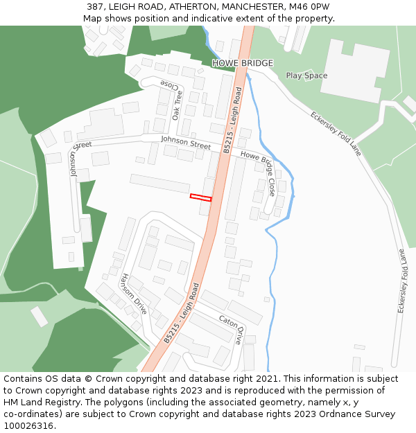 387, LEIGH ROAD, ATHERTON, MANCHESTER, M46 0PW: Location map and indicative extent of plot