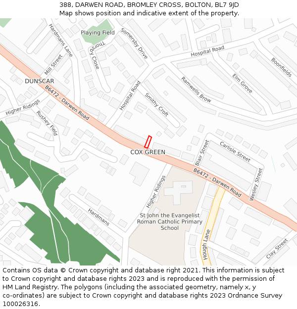 388, DARWEN ROAD, BROMLEY CROSS, BOLTON, BL7 9JD: Location map and indicative extent of plot