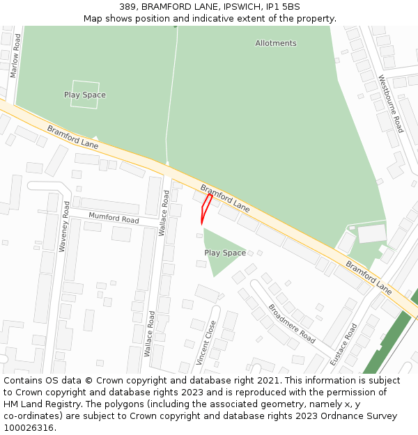 389, BRAMFORD LANE, IPSWICH, IP1 5BS: Location map and indicative extent of plot