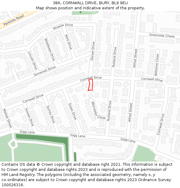 38A, CORNWALL DRIVE, BURY, BL9 9EU: Location map and indicative extent of plot